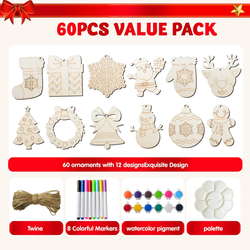60 Pcs Christmas Wooden Hanging Ornaments Craft Kits