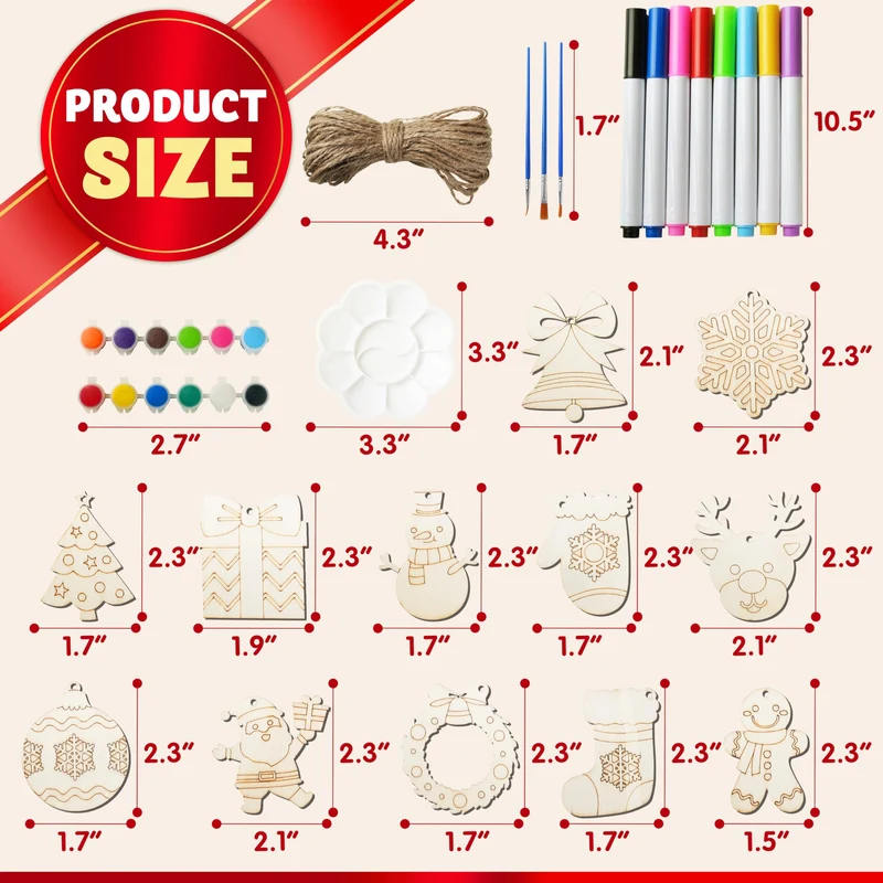 60 Pcs Christmas Wooden Hanging Ornaments Craft Kits