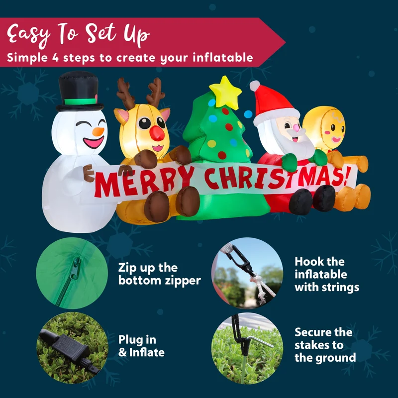 8 FT Long Christmas Inflatable Decoration Four Xmas Characters and Christmas Tree
