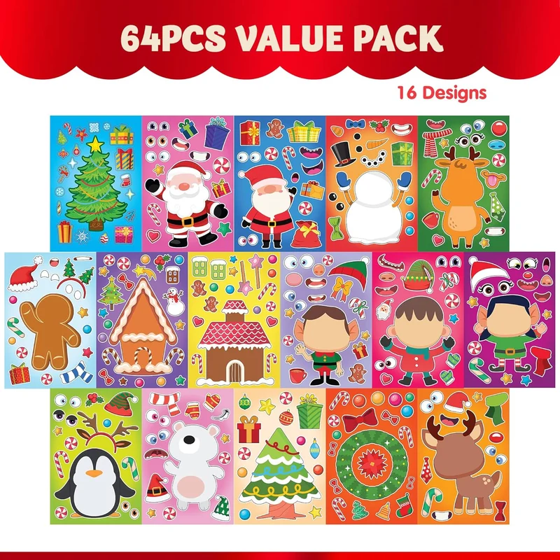 64 Pcs Christmas Make-a-face Stickers, Christmas Crafts for Kids
