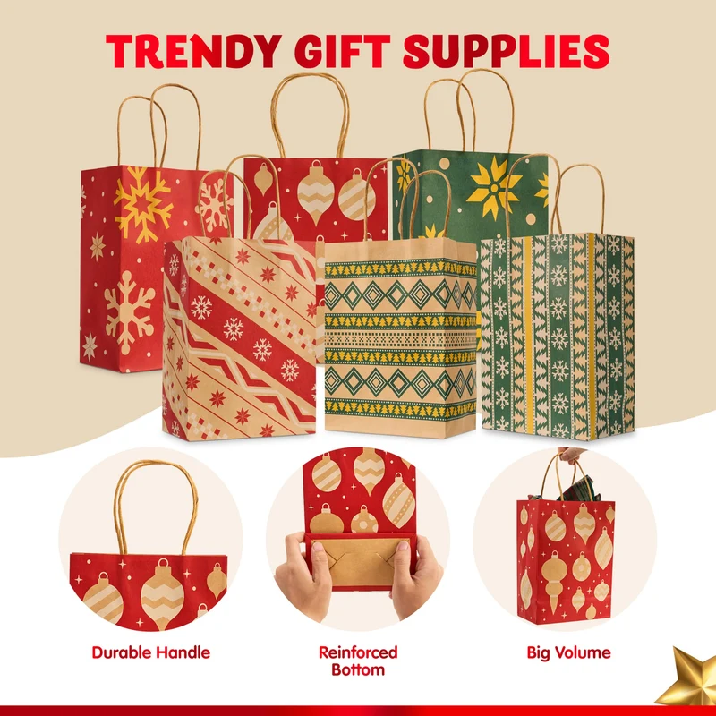 24PCS Christmas Kraft Bags Holiday Paper Goody Gift Bags