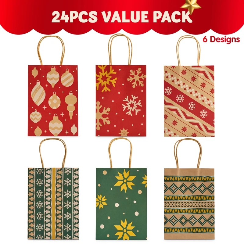 24PCS Christmas Kraft Bags Holiday Paper Goody Gift Bags