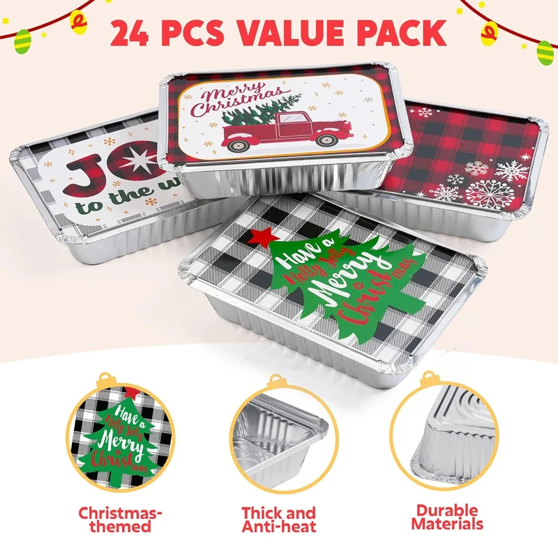 24 Pieces Christmas Foil Containers with Lids