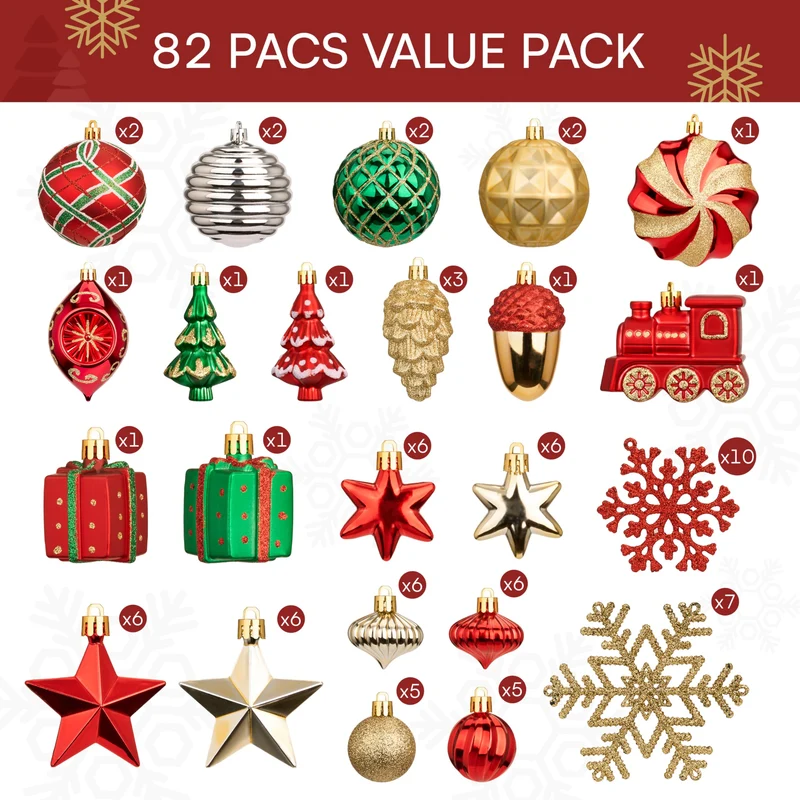 82 Pcs Assorted Christmas Ornaments Ball Set, 3.15'' Red Gold Green Deluxe