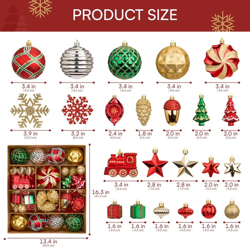 82 Pcs Assorted Christmas Ornaments Ball Set, 3.15'' Red Gold Green Deluxe