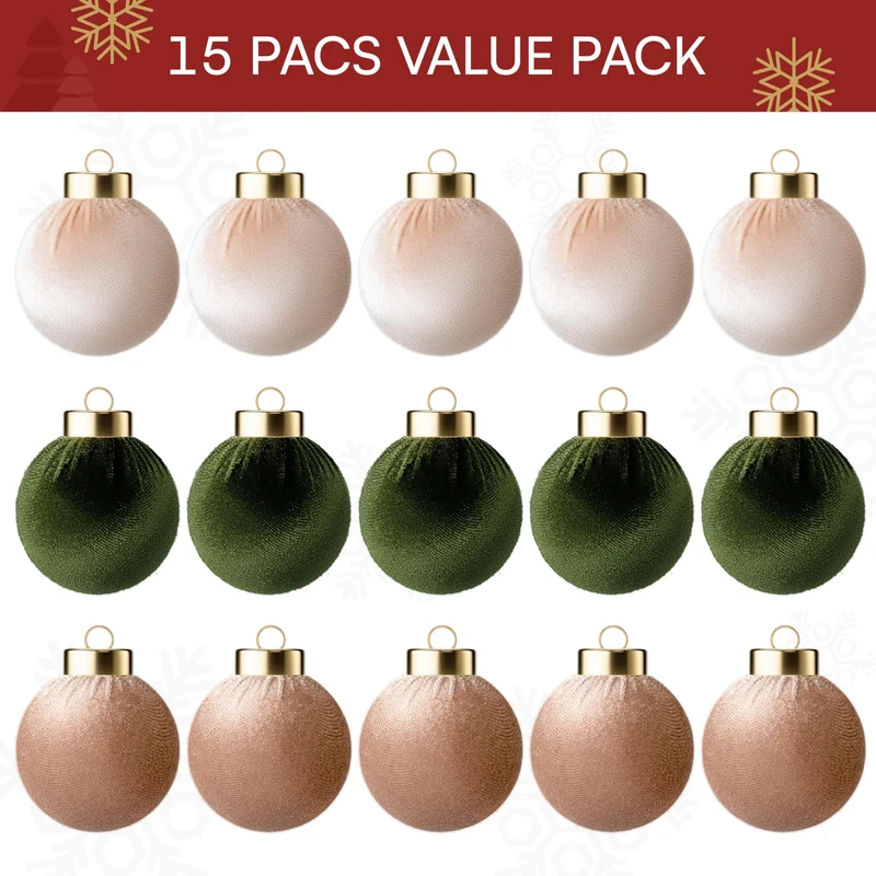 15 Pcs Christmas Velvet Ball Ornaments Set, 2.36'' Green Brown Neutral