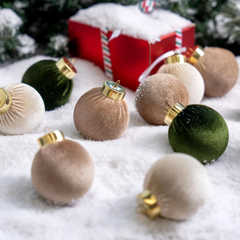 15 Pcs Christmas Velvet Ball Ornaments Set, 2.36'' Green Brown Neutral