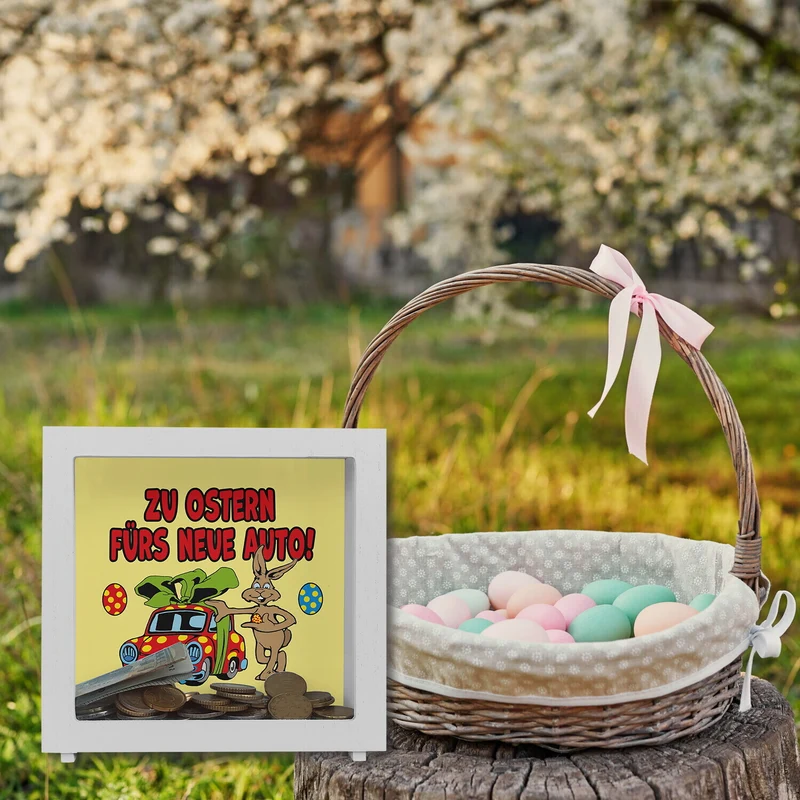 Osterhase Spardose mit Spruch: Zu Ostern fürs neue Auto!