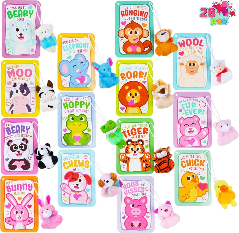JOYIN 28 Pack Valentines Day Mini Plush Animals Toys with Gift Cards