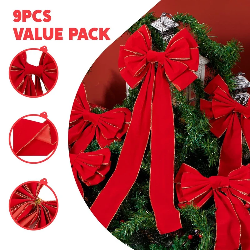 9PCS Big Red Velvet Christmas Bows