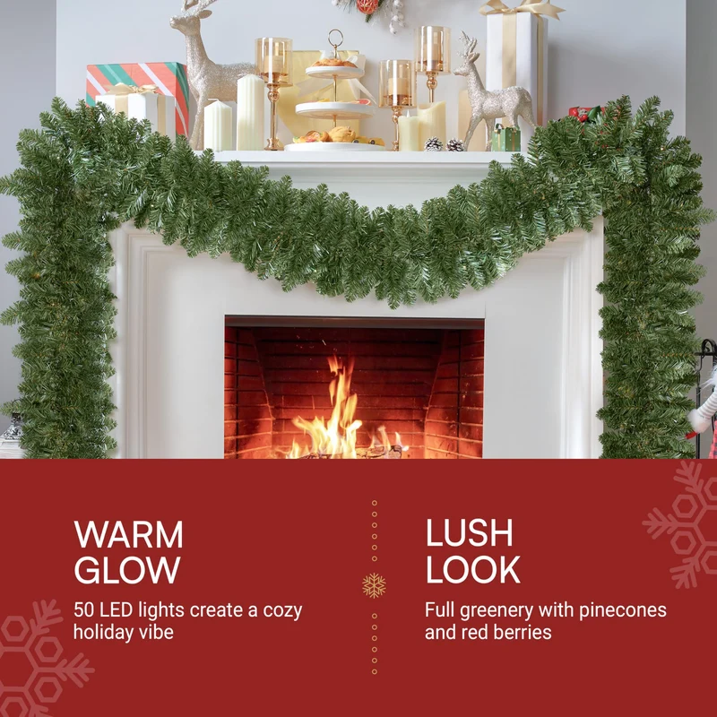 9Ft Christmas Garland Prelit with 50 Count Light