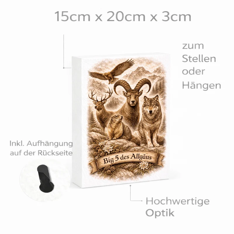 Big 5 des Allgäus Holzbild in 20x15 cm zum Stellen oder Aufhängen mit Tiermotiven
