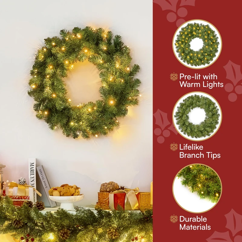 24'' Pre-Lit Christmas Wreath with Warm Lights