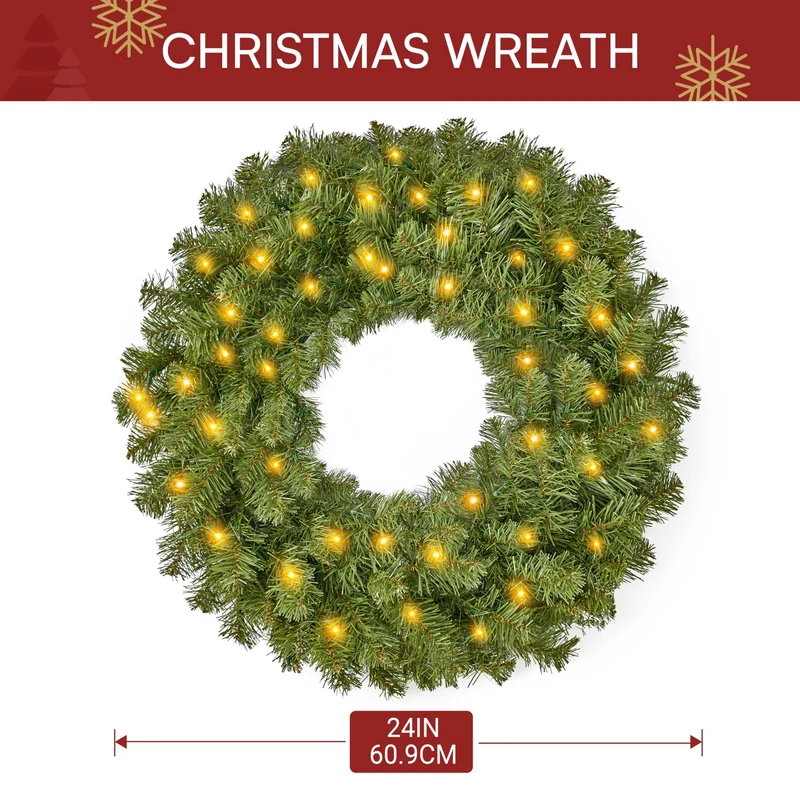 24'' Pre-Lit Christmas Wreath with Warm Lights