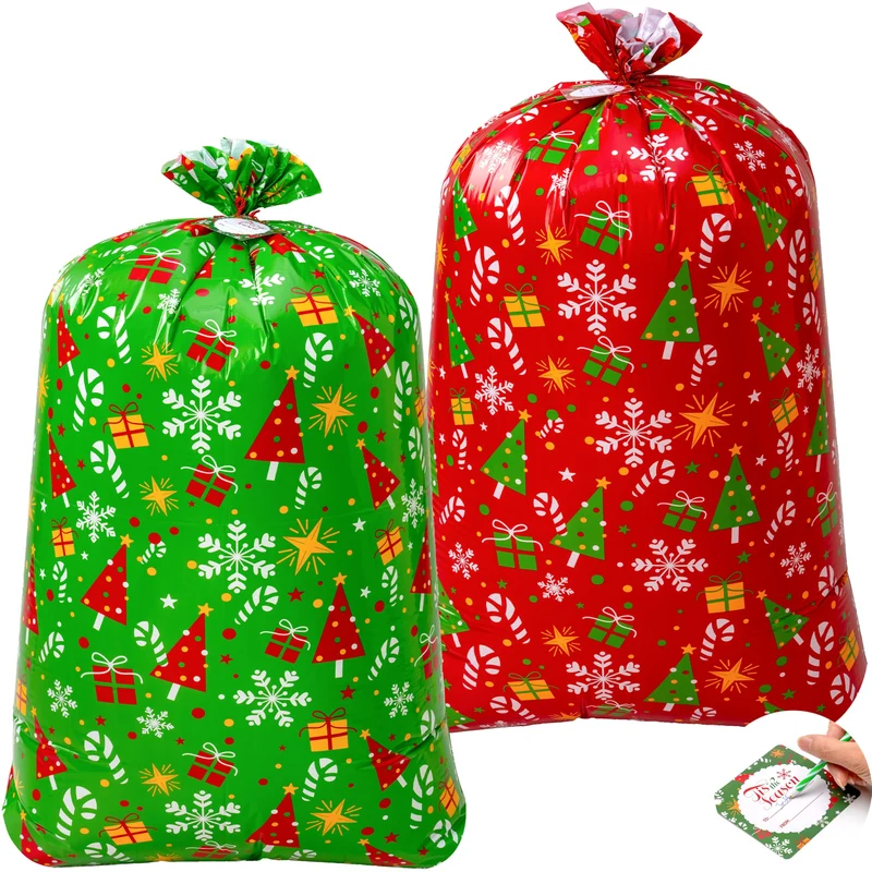 2PCS Large Red & Green Christmas Holiday Plastic Gift Bags