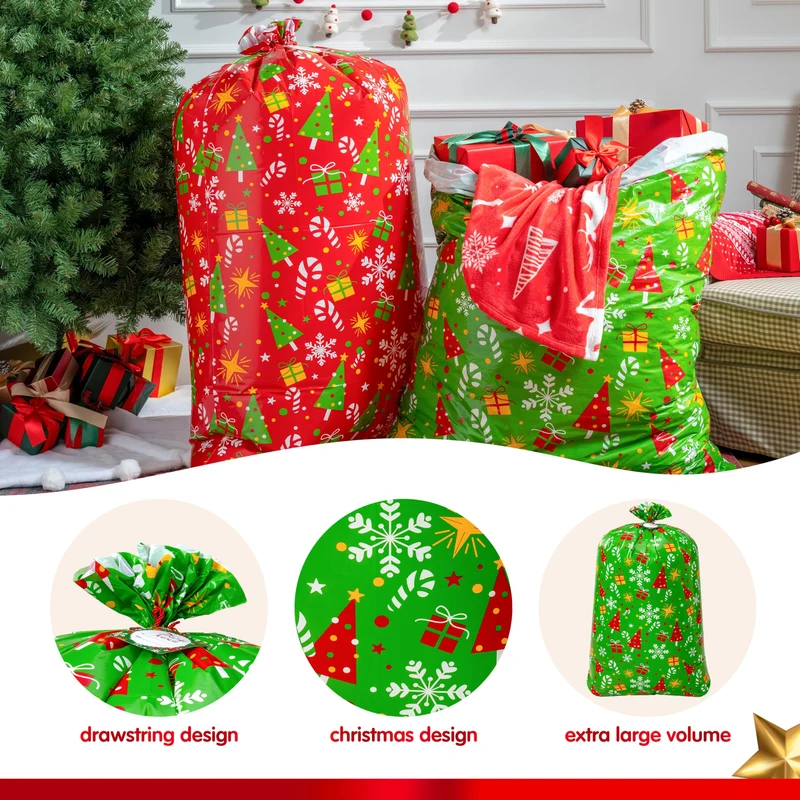 2PCS Large Red & Green Christmas Holiday Plastic Gift Bags