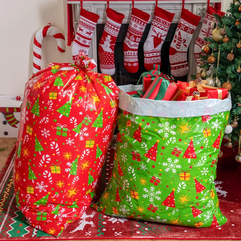 2PCS Large Red & Green Christmas Holiday Plastic Gift Bags