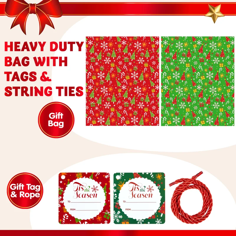 2PCS Large Red & Green Christmas Holiday Plastic Gift Bags