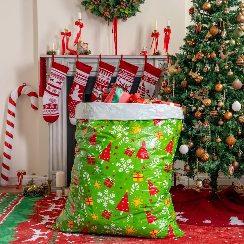 2PCS Large Red & Green Christmas Holiday Plastic Gift Bags