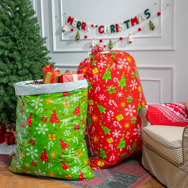 2PCS Large Red & Green Christmas Holiday Plastic Gift Bags