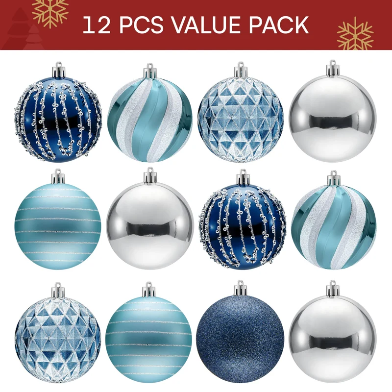 12 Pcs 3.15'' Blue Silve Christmas Balls Ornaments Set