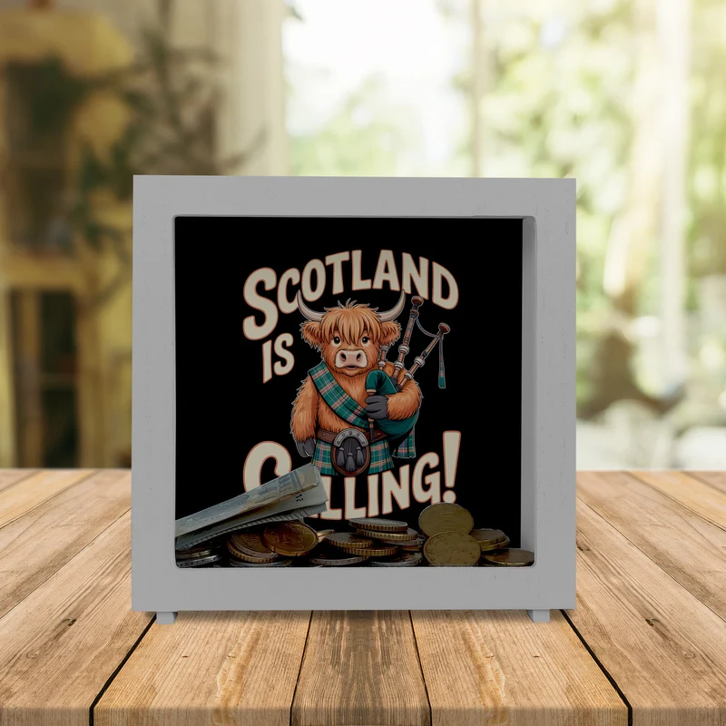 Scotland is calling! Spardose mit Highland-Kuh-Motiv