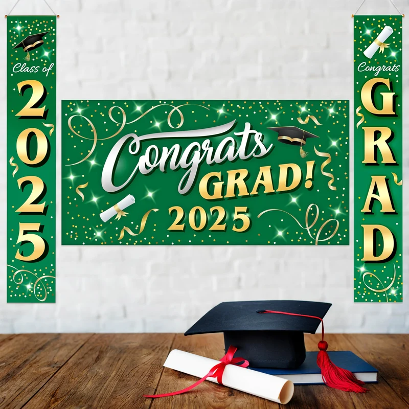 JOYIN 3 Pcs Graduation Decorations Class of 2025, Satin Fabric Congrats Grad Banner Set, Green & Gold Party Backdrop and Banner Hanging Porch Supplies for College Graduation Party Indoor Outdoor Decor