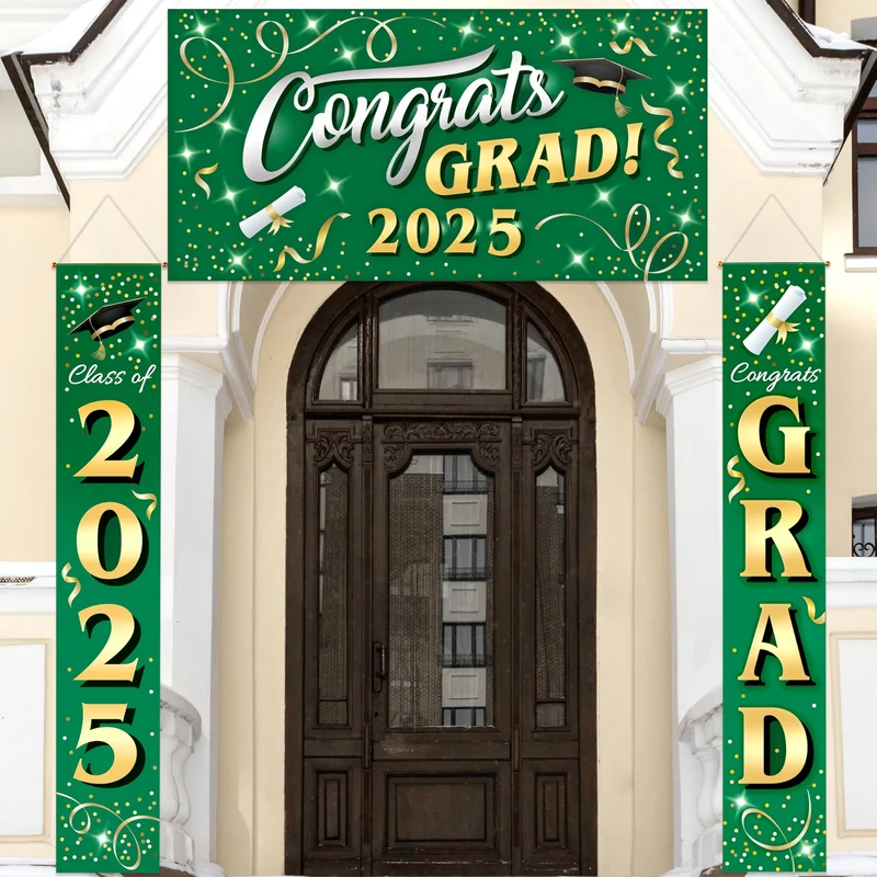 JOYIN 3 Pcs Graduation Decorations Class of 2025, Satin Fabric Congrats Grad Banner Set, Green & Gold Party Backdrop and Banner Hanging Porch Supplies for College Graduation Party Indoor Outdoor Decor