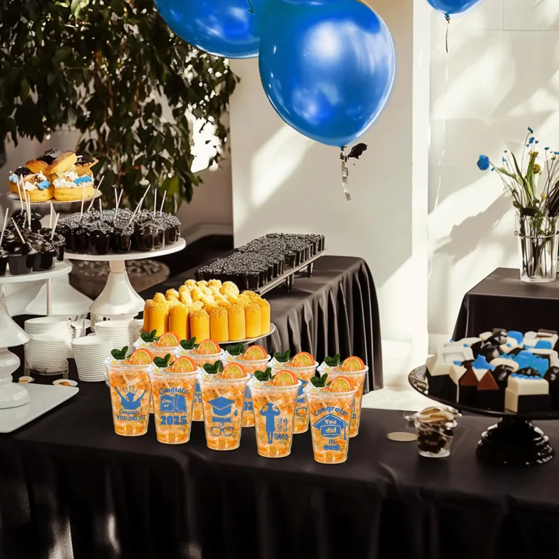 JOYIN 48 Pcs Blue Graduation Cups Party decorations, 16 Oz Disposable Plastic Cups Class of 2025 with 24 Fun Designs, Grad Decor Party Supplies for College & High School Celebrations
