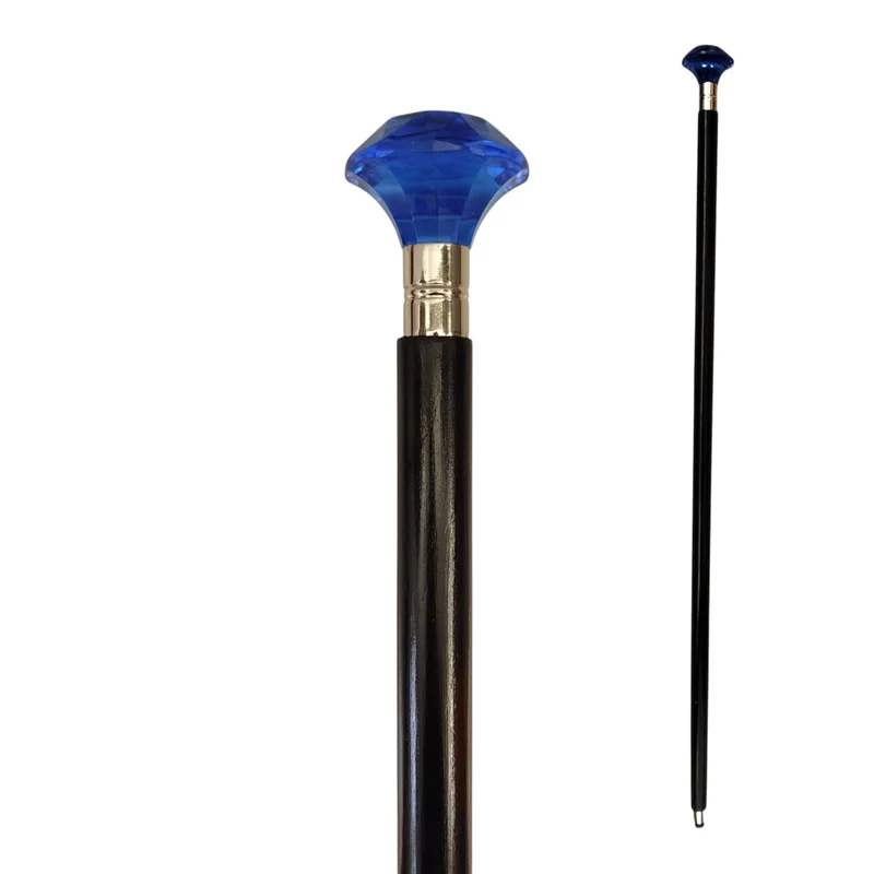 Blauer Kristall Spazierstock aus Holz mit Kristall Griff aus Kunststoff