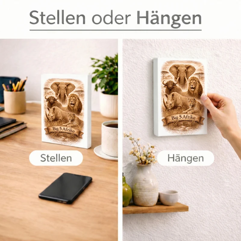 Big 5 Afrika Holzbild in 20x15 cm zum Stellen oder Aufhängen mit Tiermotiven