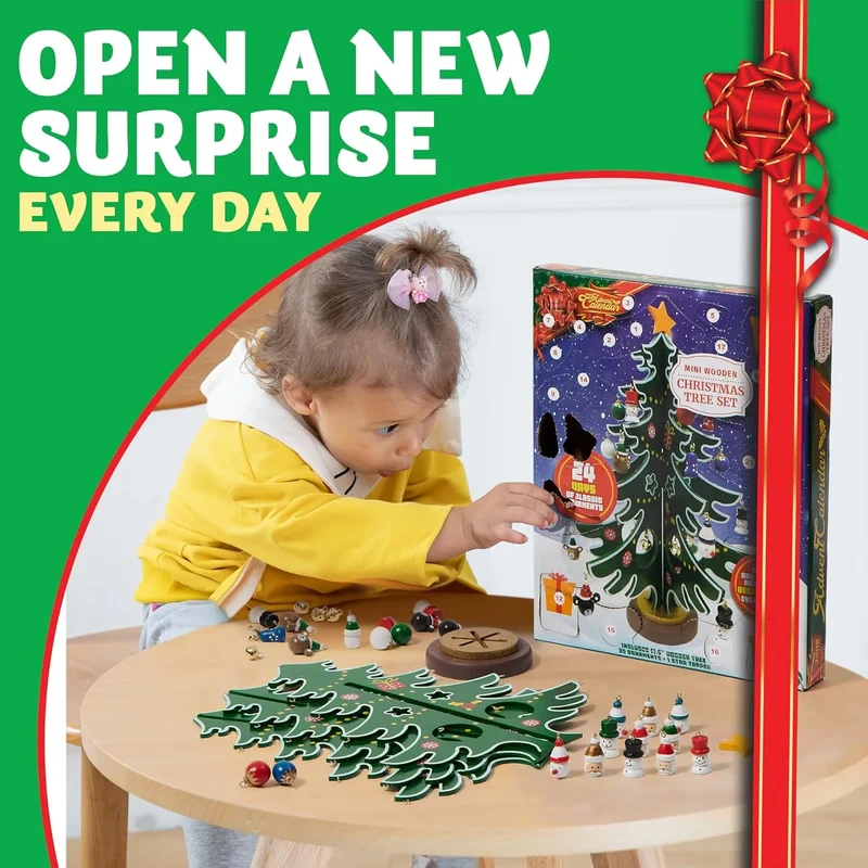 Christmas Advent Calendar Tabletop Wooden Christmas Tree and 24 Ornaments