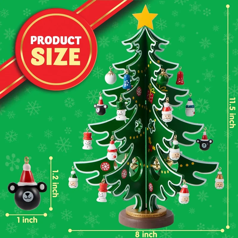 Christmas Advent Calendar Tabletop Wooden Christmas Tree and 24 Ornaments