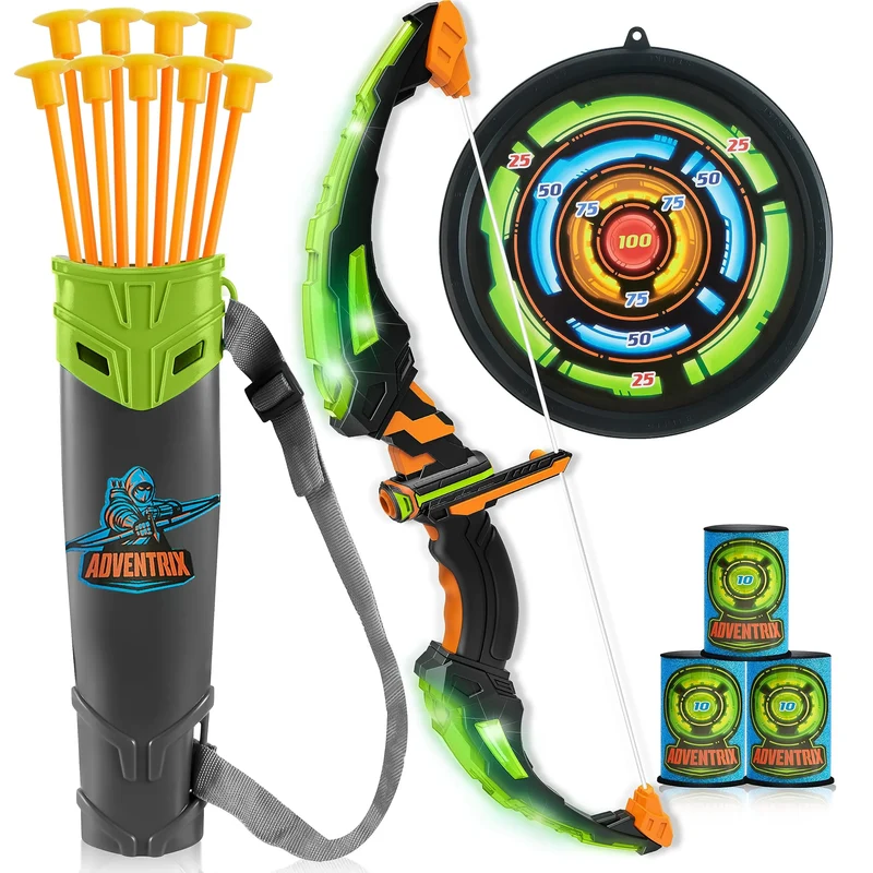 Kids LED Light Up Archery Toy Set with Suction Cup Arrows, Target & Arrow Case