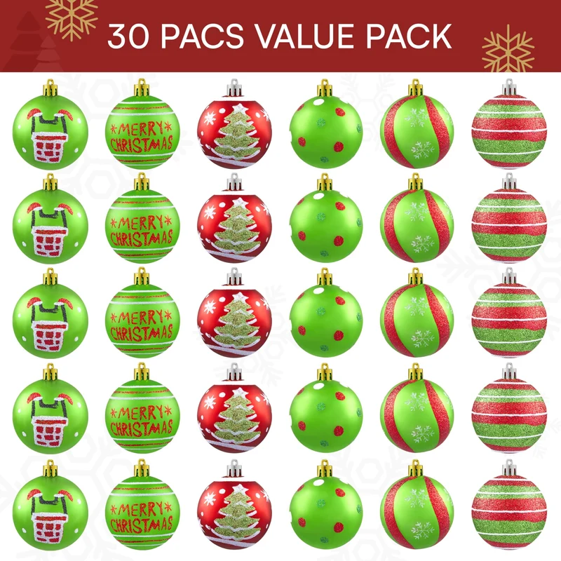 30 Pcs Red and Green Christmas Ball Ornaments Set, 2.36''