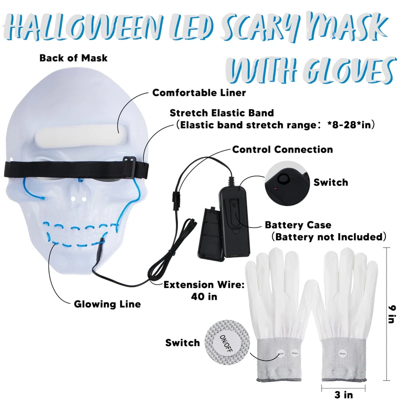 Halloween LED Skull Mask with Light Up Gloves, Blue