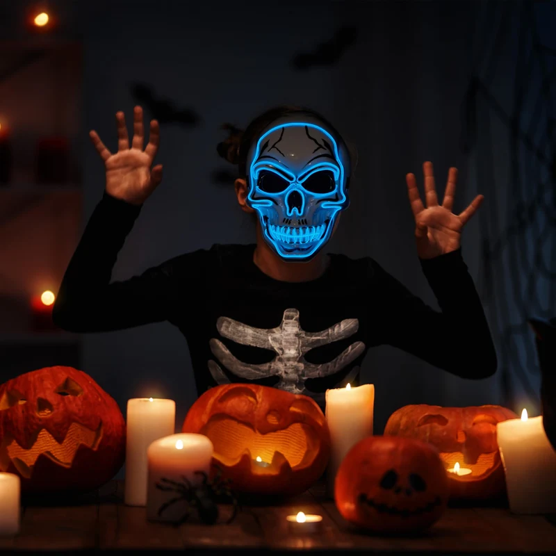 Halloween LED Skull Mask with Light Up Gloves, Blue