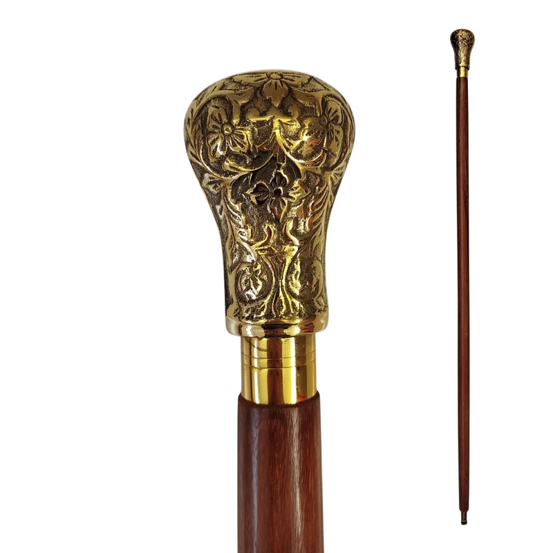 Blattornament Spazierstock aus Holz mit goldenem Griff aus Metall