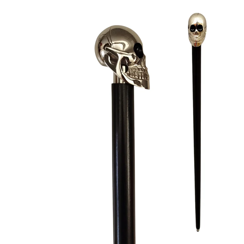 Totenkopf Spazierstock aus Holz mit silbernem Griff aus Metall