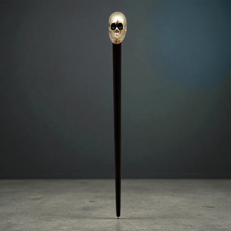 Totenkopf Spazierstock aus Holz mit silbernem Griff aus Metall