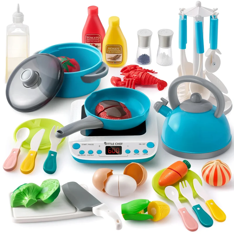 37Pcs Kids Kitchen Playset, Toddler Pretend Cooking Toy Set with Pans, Pots, Utensils Cookware Toys, Play Food, Cutting Vegetables
