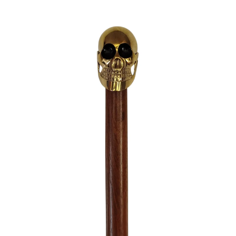 Totenkopf Spazierstock aus Holz mit goldenem Griff aus Metall