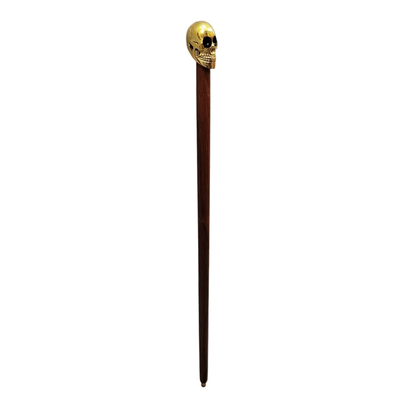 Totenkopf Spazierstock aus Holz mit goldenem Griff aus Metall