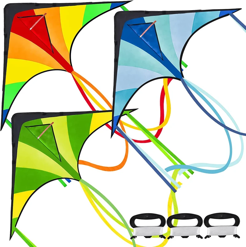 3Pcs Big Delta Kite (Green & Blue & Rainbow) with 262.5ft Kite String
