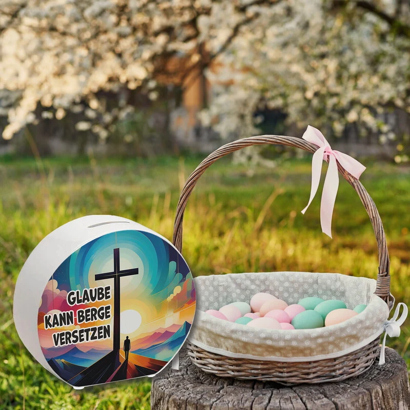 Gipfelkreuz Spardose mit Spruch: Glaube kann Berge versetzen