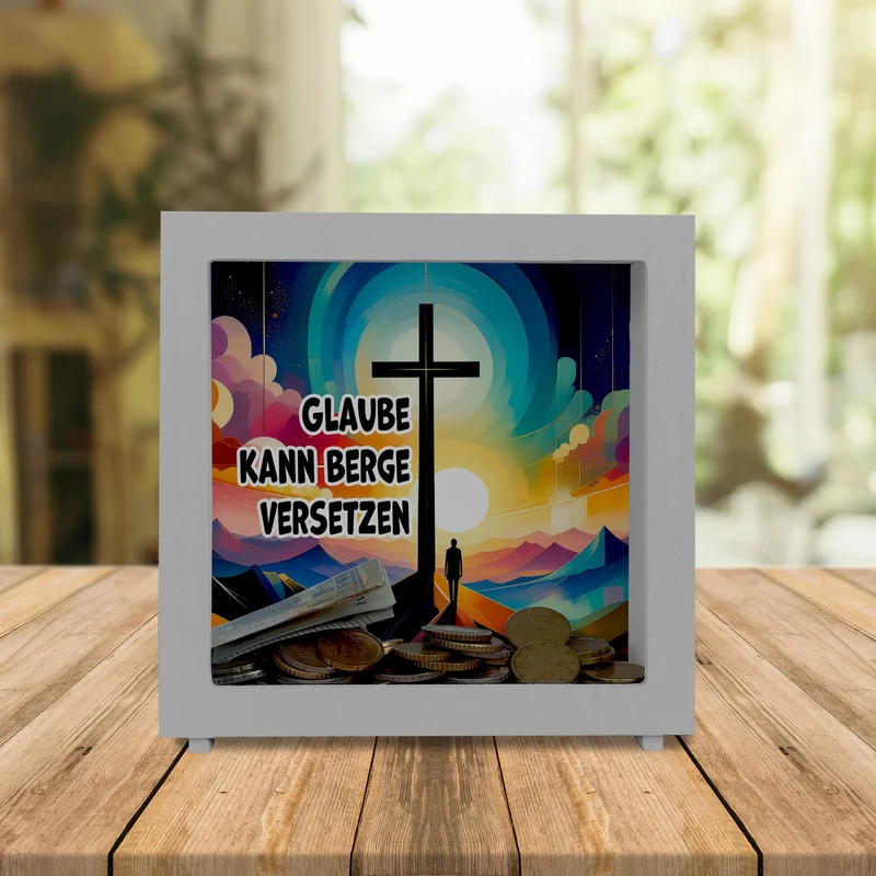 Gipfelkreuz Spardose mit Spruch: Glaube kann Berge versetzen