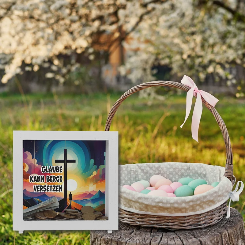 Gipfelkreuz Spardose mit Spruch: Glaube kann Berge versetzen