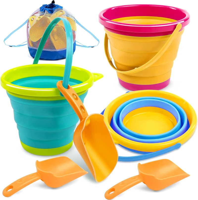 3Pcs Collapsible Beach Toy Buckets with Shovels