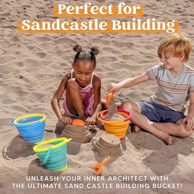 3Pcs Collapsible Beach Toy Buckets with Shovels