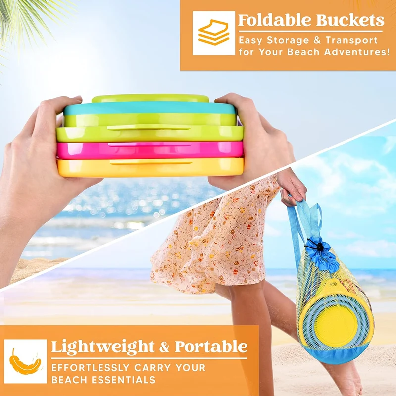 3Pcs Collapsible Beach Toy Buckets with Shovels